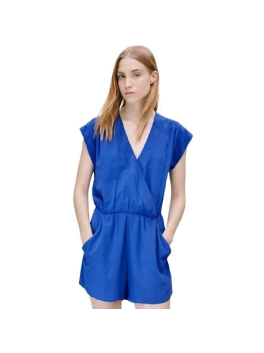 Aritzia Babaton Corbett 100% Silk Short Sleeve Romper in Cobalt Sz XS